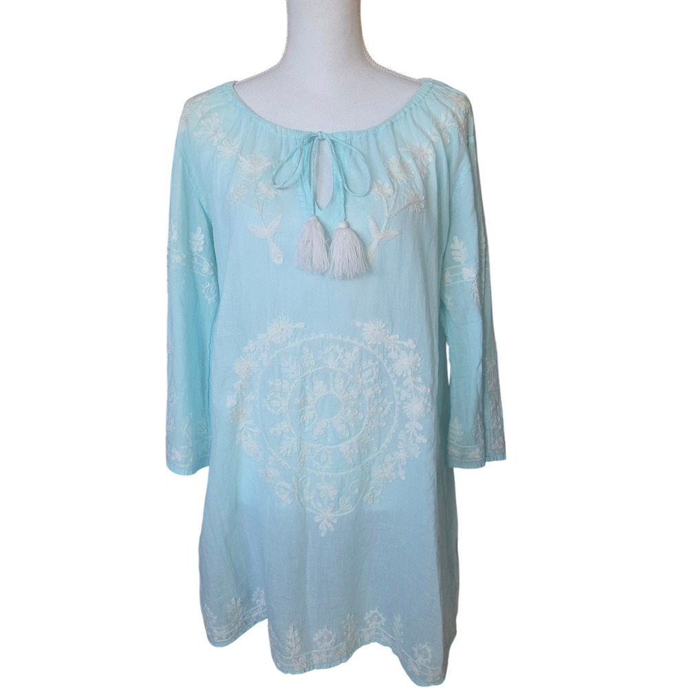 Aqua Blue Embroidered Boho Tunic Top Coastal Lightweight Beach Cover-Up Large